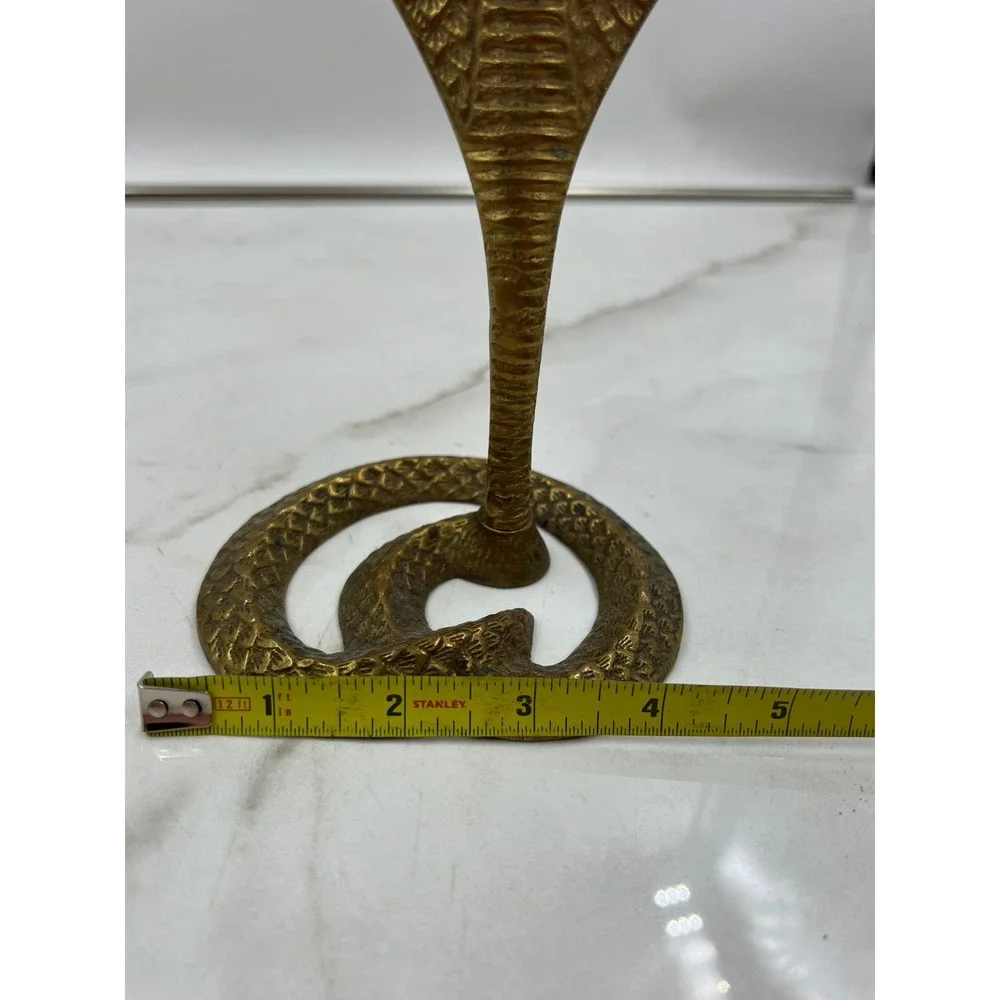 Vintage Solid Brass Cobra Snake Candlestick Holder Etched Coiled Base 8.5 Inch